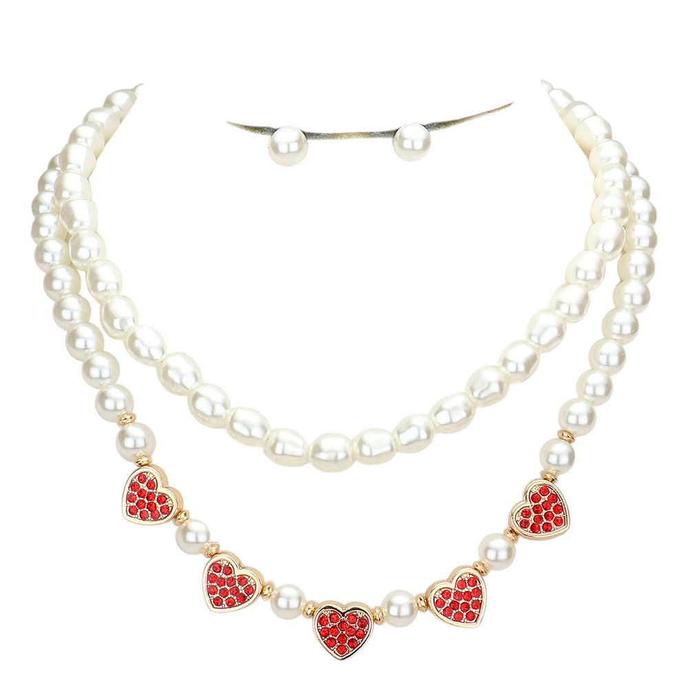 2PCS - Rhinestone Embellished Metal Heart Accented Pearl Necklaces Jewelry Set