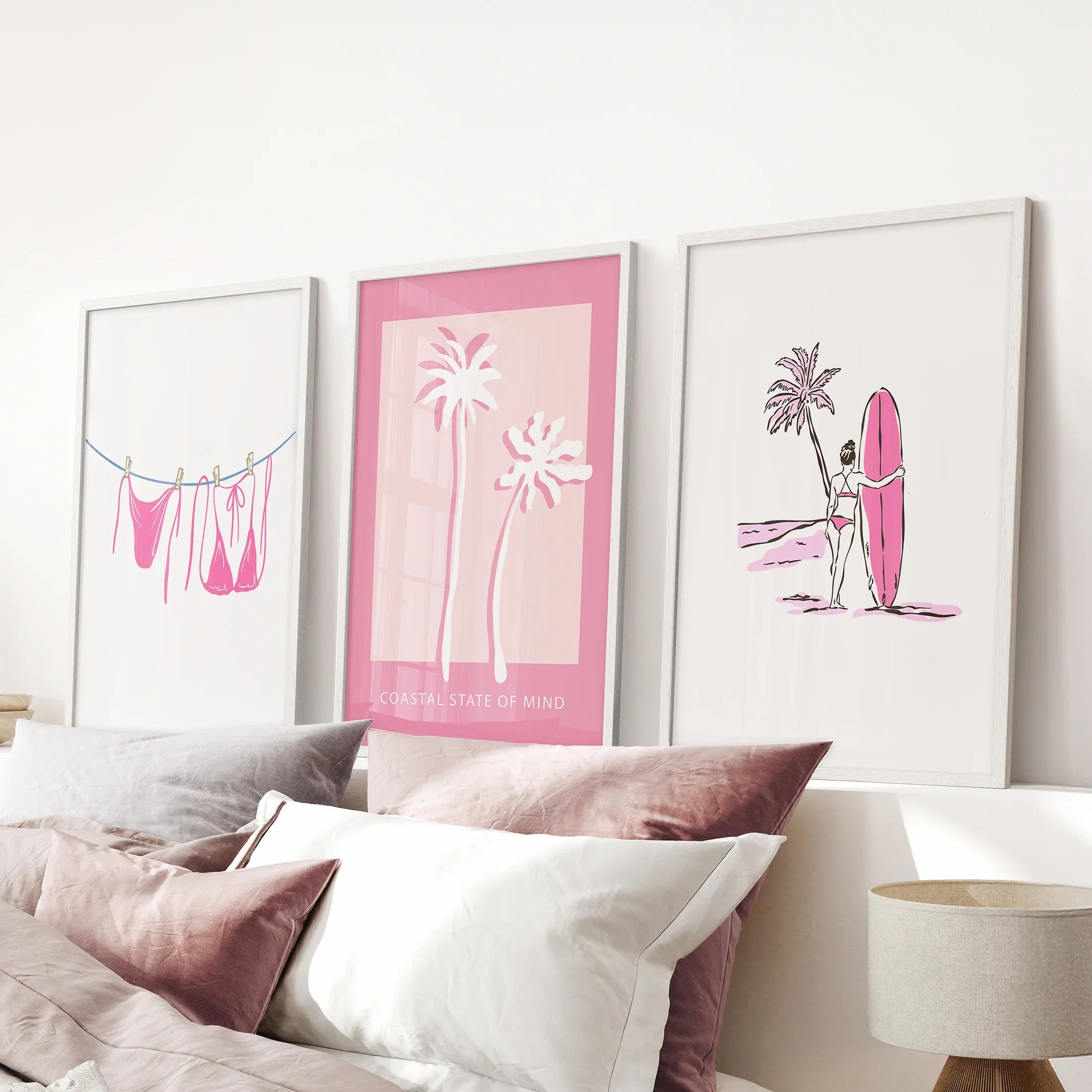 Beach House 3 Piece Girly Wall Art: Pink Palm, Surfer Prints