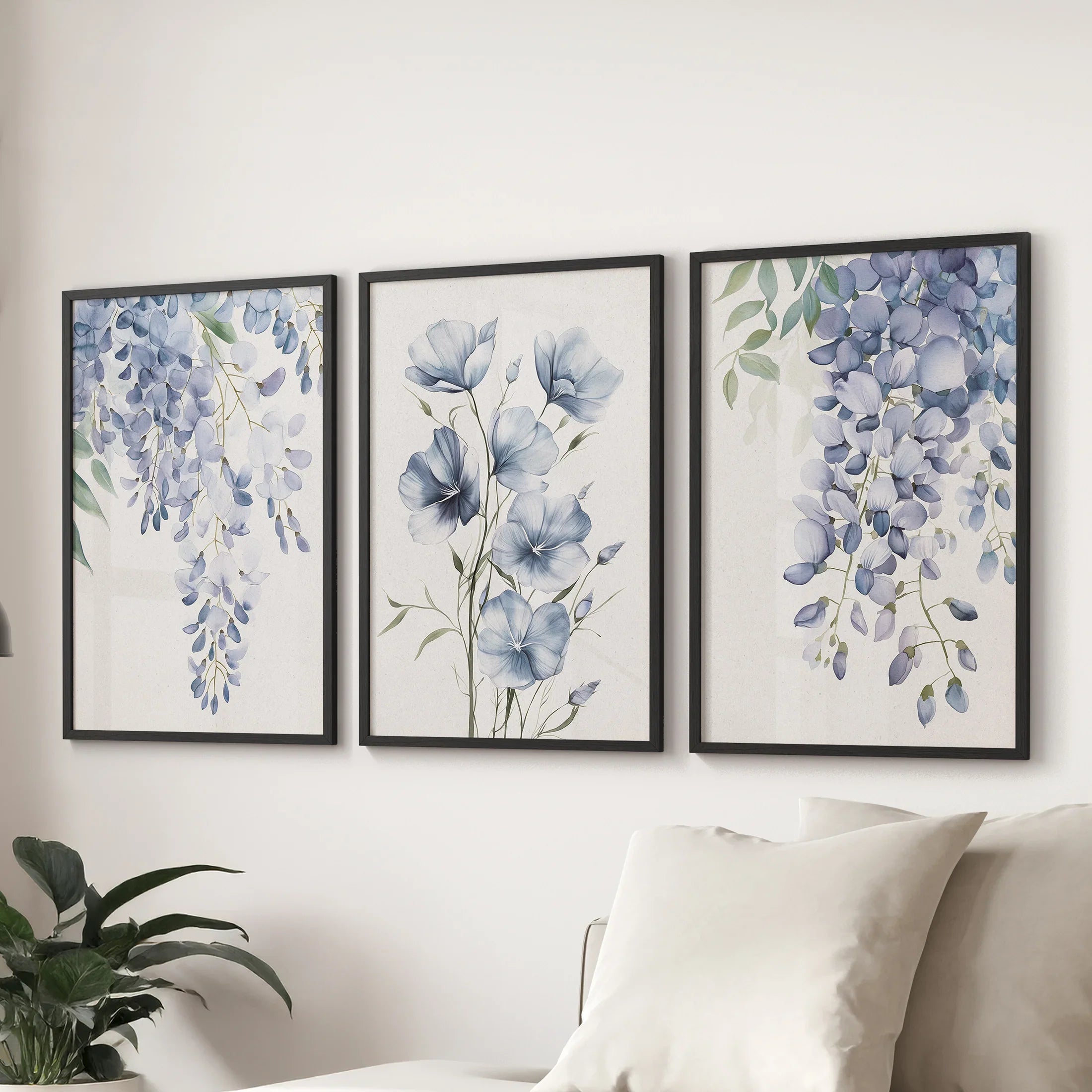 Blue Wall Art Set of 3. Wisteria, Flax Botanical Prints