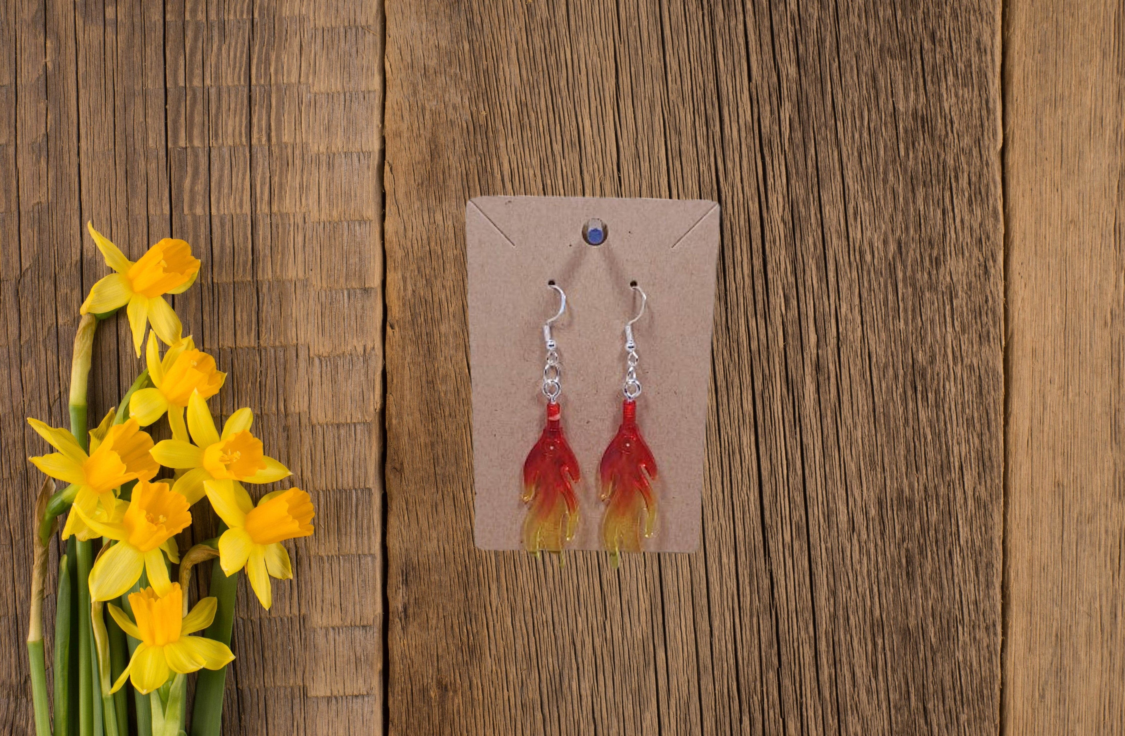 Lego® Red and Yellow Large Flame Dangling Silver Plated Hook Earrings