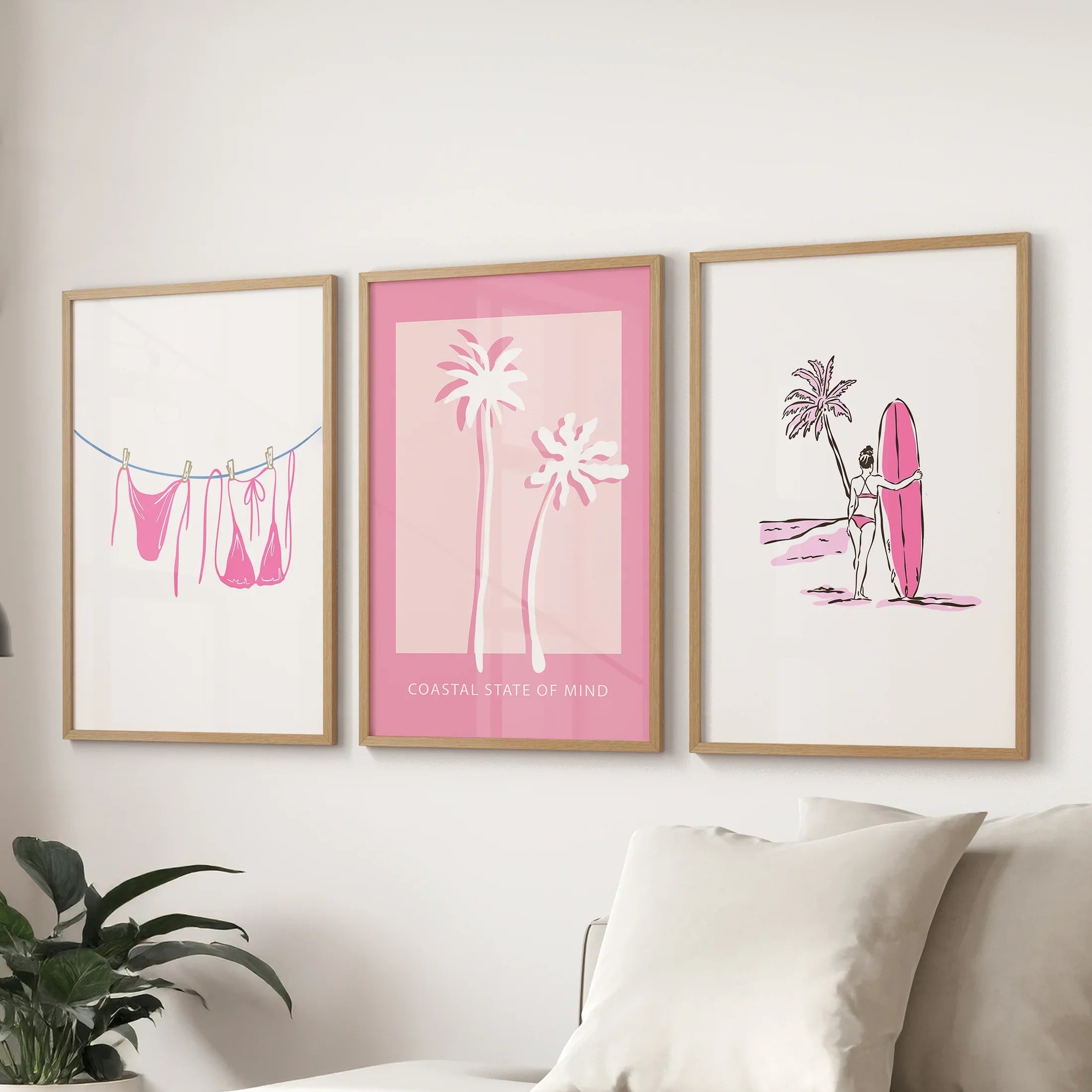Beach House 3 Piece Girly Wall Art: Pink Palm, Surfer Prints