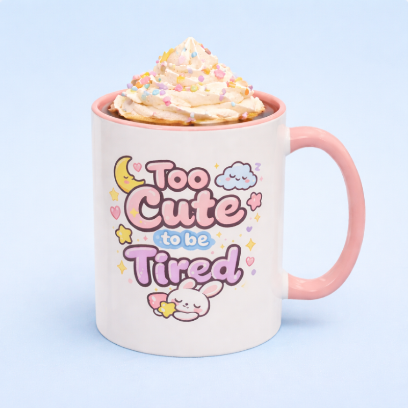 “Too Cute to Be Tired” Kawaii Bunny Mug
