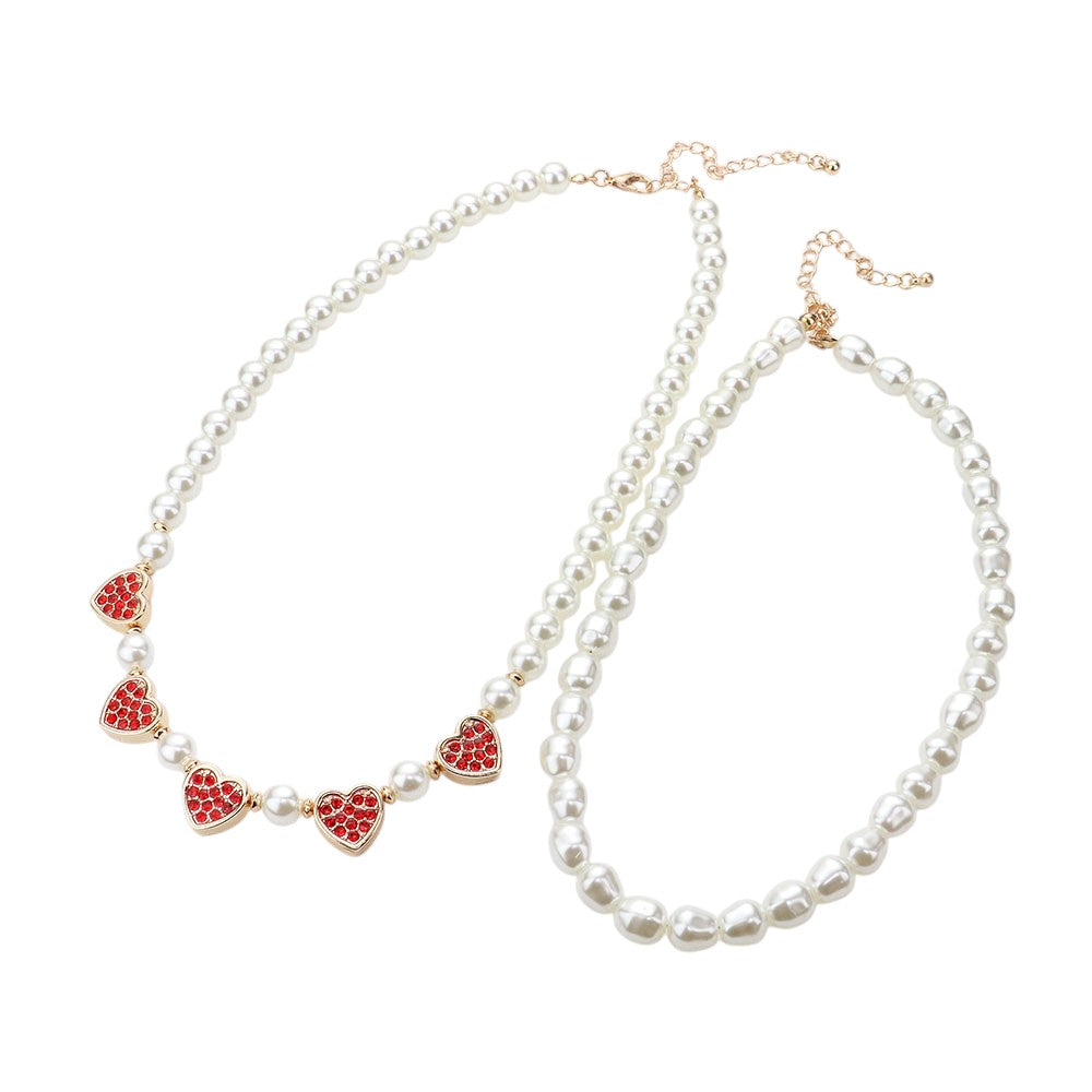 2PCS - Rhinestone Embellished Metal Heart Accented Pearl Necklaces Jewelry Set