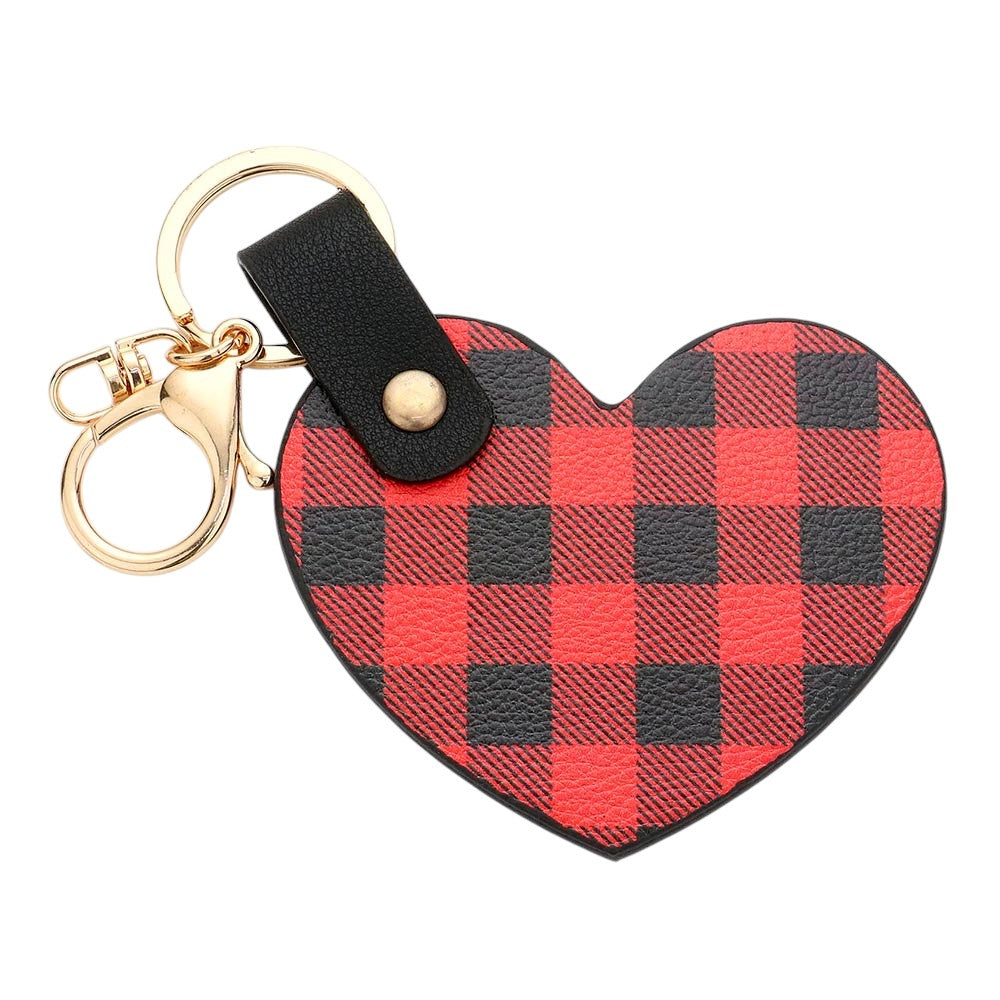 Buffalo Check Patterned Faux Leather Heart Bag Charm